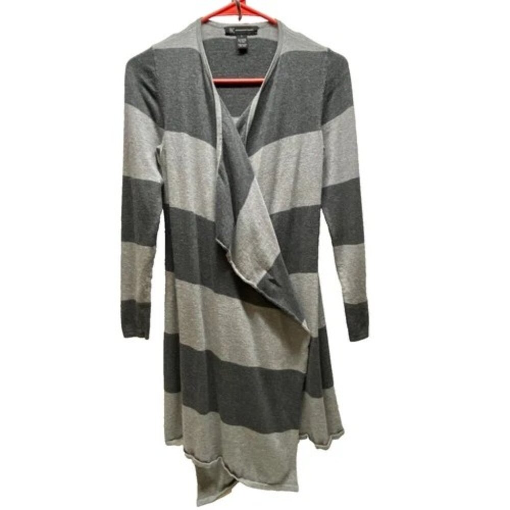 INC International Concepts Open Front Cardigan Women's Small Gray Stripe Midi‎